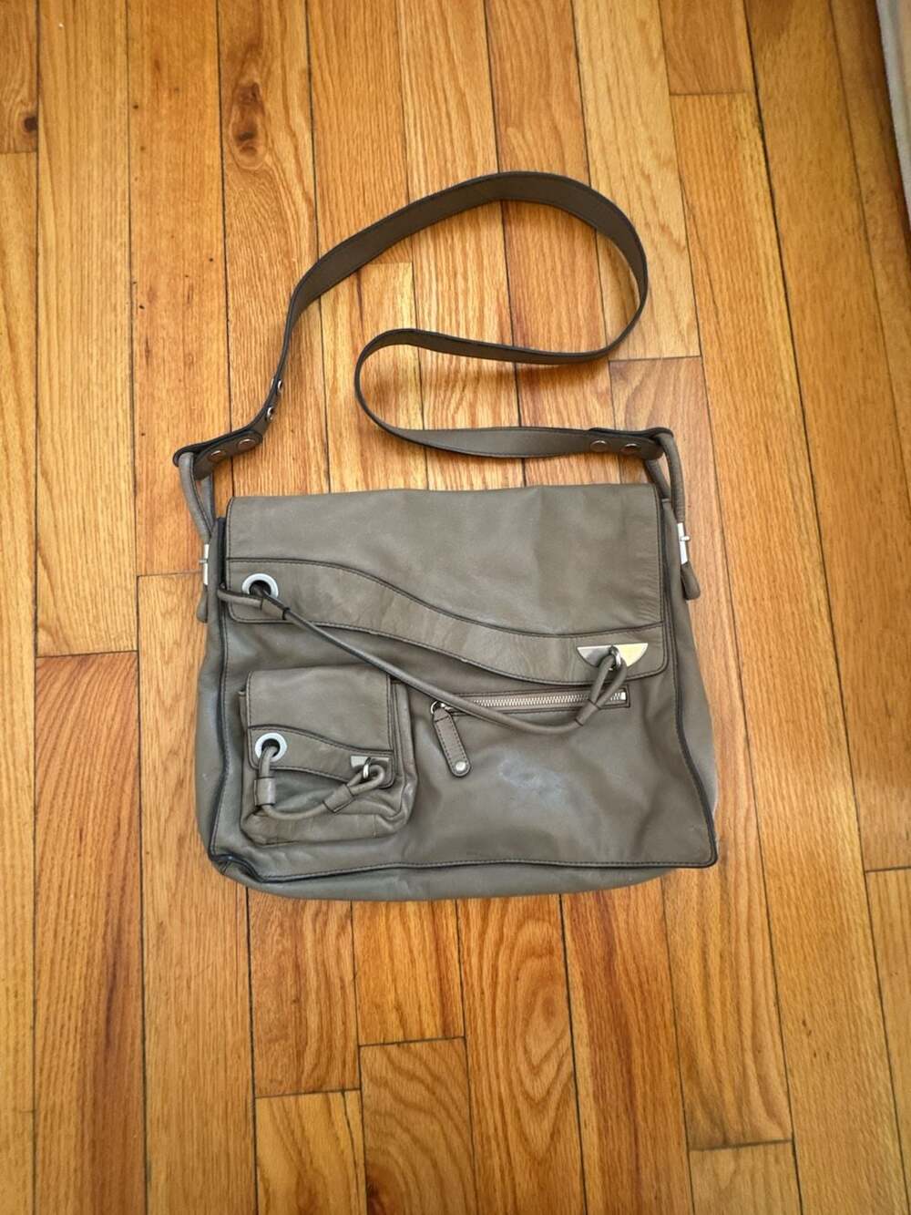 Mimco Bergman Leather Satchel Crossbody Shoulder Bag Cement Gray Taupe Minimalis